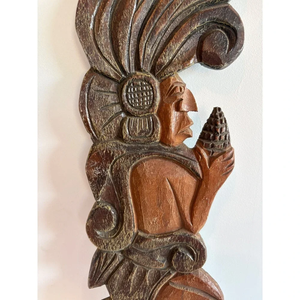 Vintage Mayan Aztec Hand Carved Wood Wall Plaque Folk Art Figure 21 Inch